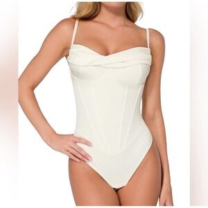 NWT Popilush Off White Corset Cowl Neck Thong Bodysuit Shapewear - Large